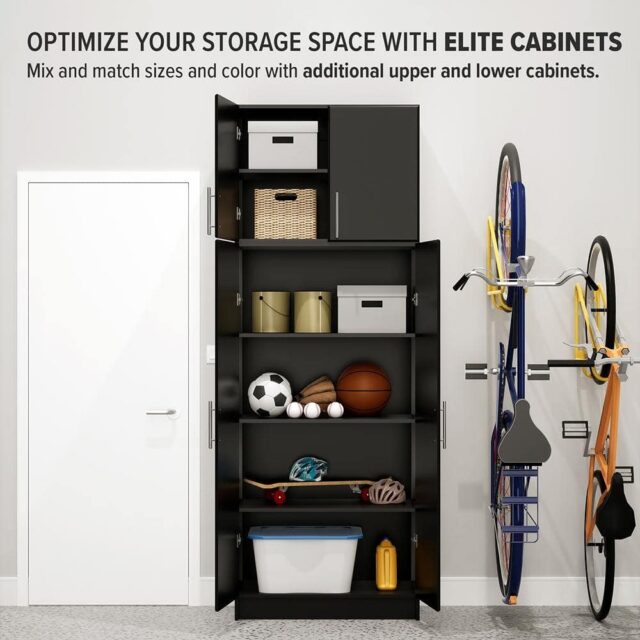 Elite Black 32 in. Stackable Wall Storage Cabinet, Bathroom Cabinet, Pantry Cabinet with Storage Shelves and Doors